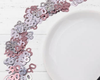Age 90 rose gold silver white themed party table confetti. 90th birthday party table decorations. 90th birthday rose gold party decorations