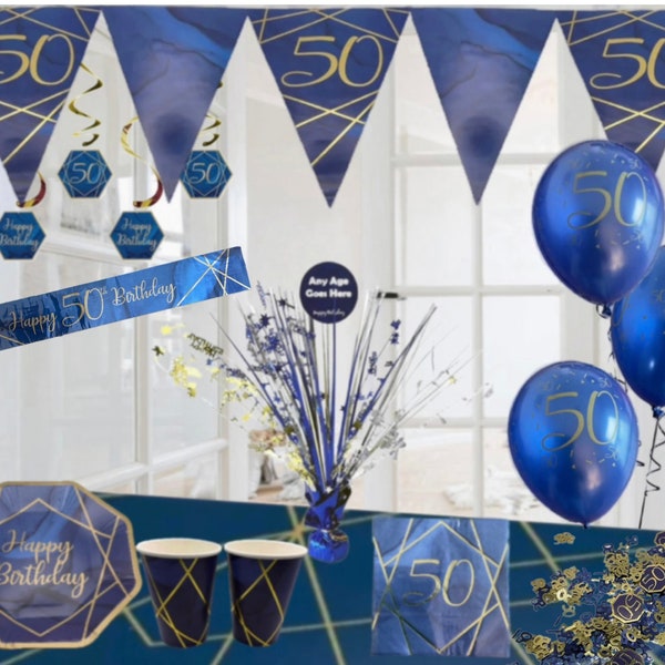 Navy blue gold age 50 and happy birthday party decorations and party table decorations. 50th party balloons bunting banners swirls confetti