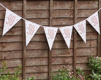 90th birthday white and rose gold party bunting flags 9ft banner. 90th white & rose gold themed party decoration. 90th party bunting flags