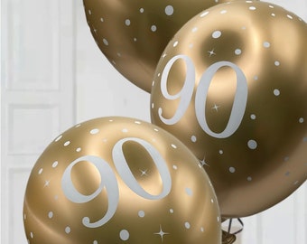 90th birthday white gold latex party balloons x 6. Age 90 party balloons. 90th white and gold themed balloons party decorations