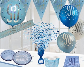 90th Birthday blue silver white party decorations. Age 90 / 90th birthday balloons bunting banners centrepieces tableware party decorations