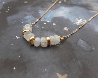 Half moon beaded necklace with natural rainbow moonstone beads and 24k gold plated charms and chain / unique gift