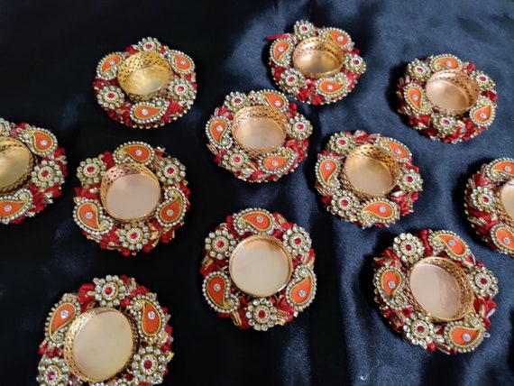Metal Diya With Pearls, Diwali Decor, Indian Wedding Favors