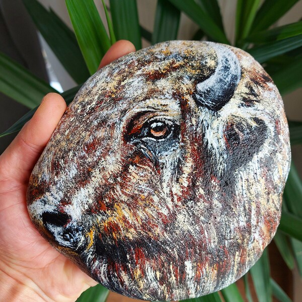 A Bison Hand Painted On a Sandstone Rock! A Stunning Piece for All of You, Animal Lovers! Unique Painted Stones Bison by kubAtelier