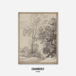 Vintage Neutral Landscape Sketch, Antique Forest Drawing, Printable Artwork