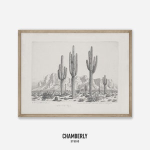 Southwestern Wall Art, Arizona Desert print, vintage ets woestijnlandschap, afdrukbare muurkunst, digitale download, neutraal wanddecor