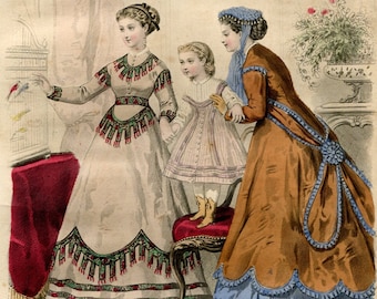 Impresión de moda francesa antigua: Journal des Jeunes Personnes, 1867, grabado victoriano de damas y niños