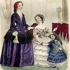 Antique Lithography 1860s Women & Children Fashion Print - Vintage Victorian Art