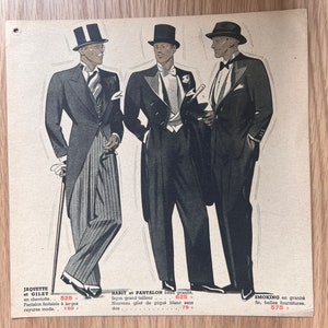 May include: Three men in formal attire, wearing top hats and suits. The man on the left is wearing a striped suit with a cane. The man in the middle is wearing a tuxedo with a white bow tie. The man on the right is wearing a black suit with a white bow tie. The image includes text describing the clothing and prices.