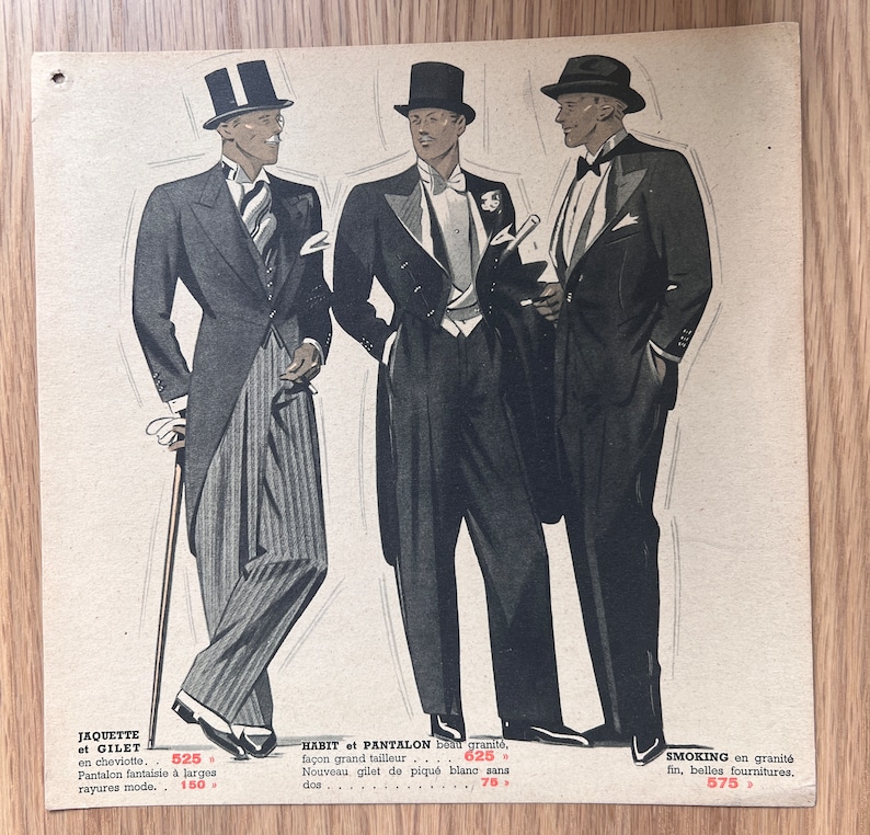 May include: Three men in formal attire, wearing top hats and suits. The man on the left is wearing a striped suit with a cane. The man in the middle is wearing a tuxedo with a white bow tie. The man on the right is wearing a black suit with a white bow tie. The image includes text describing the clothing and prices.