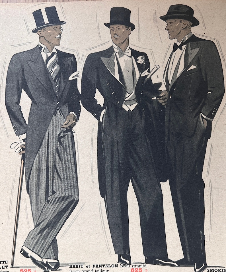 May include: Three men in formal attire, wearing black suits, white shirts, and bow ties. The men are wearing different hats, including a top hat, a fedora, and a bowler hat. The image is from a vintage fashion magazine.