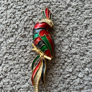 Spilla vintage a forma di pappagallo in smalto – Spilla a forma di uccello colorato color oro con accenti di strass