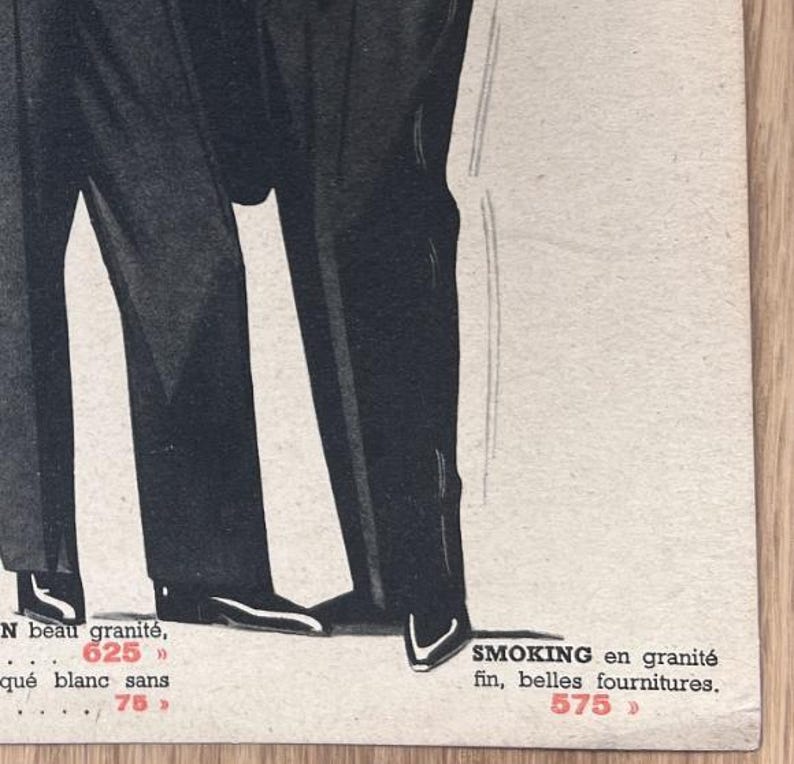 May include: A black and white illustration of two men in suits. The text in the image reads "N beau granit&eacute;, 625" and "SMOKING en granit&eacute; fin, belles fournitures. 575".
