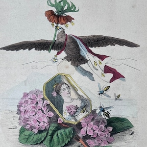 May include: A vintage illustration features an eagle carrying a flower and a ribbon, above a portrait in a gold frame, surrounded by pink flowers and bees. The artwork has a classic, detailed style with a touch of whimsy.