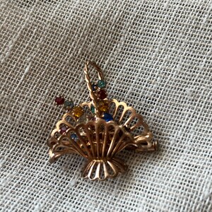 Vintage Gold-Tone Flower Basket Brooch with Colorful Rhinestones