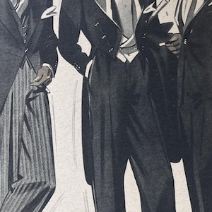 May include: Three men in formal attire, wearing black suits with white shirts and bow ties. The men are standing in a row, with the man on the left holding a cane. The men are all looking to the right.
