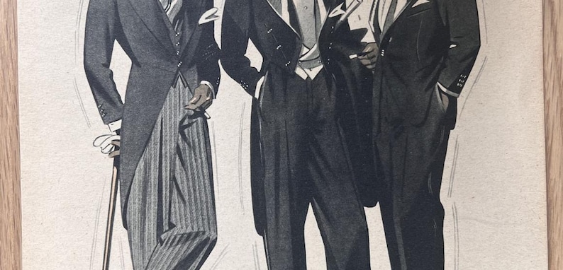 May include: Three men in formal attire, wearing black suits with white shirts and bow ties. The men are standing in a row, with the man on the left holding a cane. The men are all looking to the right.