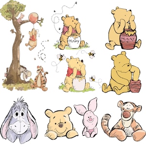 Classic Winnie The Pooh SVG Clipart Bundle, Printable, Boy Birthday Instant Digital Download, Vintage Pooh Baby Shower, Image PNG Bundle