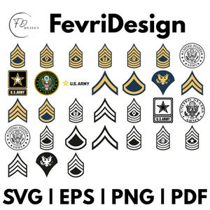 Puede incluir: Una colección de insignias y emblemas de rango del ejército de los EE. UU. en oro y negro. Incluye galones, estrellas y el sello del ejército de los EE. UU. El texto "FevriDesign" está en la parte superior y "SVG | EPS | PNG | PDF" en la parte inferior.
