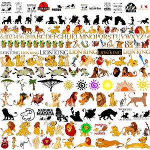 May include: A collection of Lion King-themed graphics, including characters like Simba, Pumbaa, and Timon, along with the phrase "Hakuna Matata." The images feature various poses, silhouettes, and text elements, suitable for crafting and design projects.