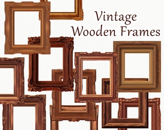 May include: A collection of vintage wooden picture frames in various sizes and styles. The frames are all made of dark wood with ornate details. The frames are arranged in a random pattern, with some overlapping. The text "Vintage Wooden Frames" is written in a decorative font at the top of the image.
