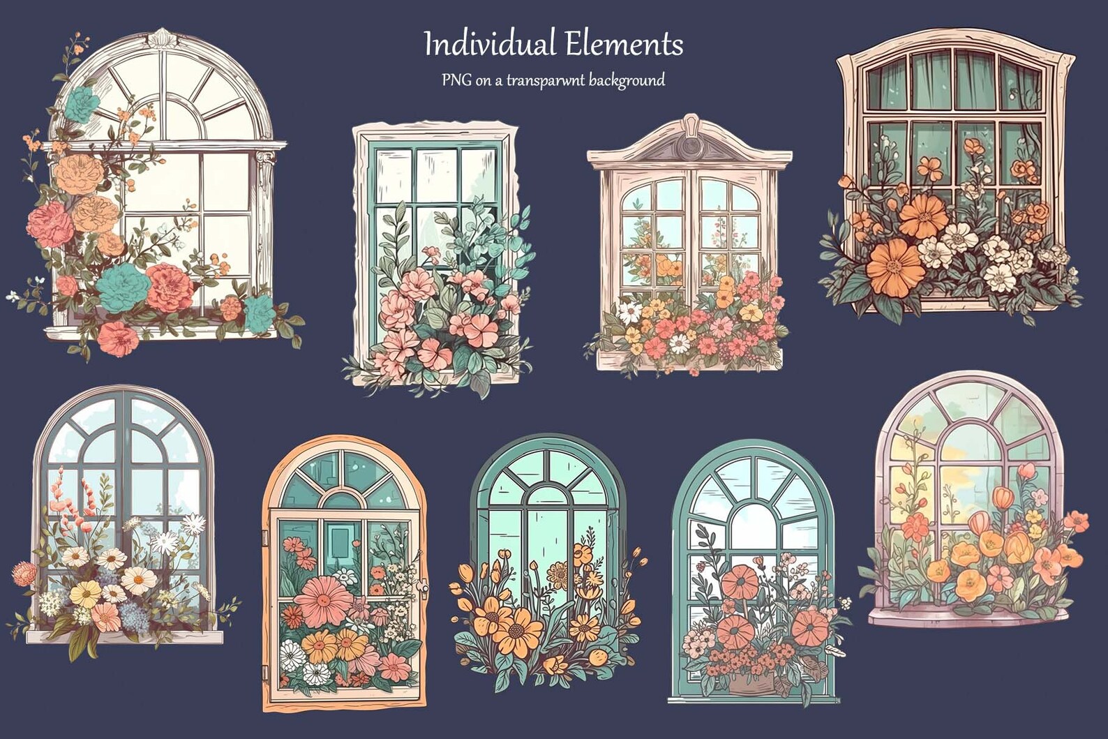Floral Windows Clipart. Watercolor Spring Windows Illustration. Floral ...