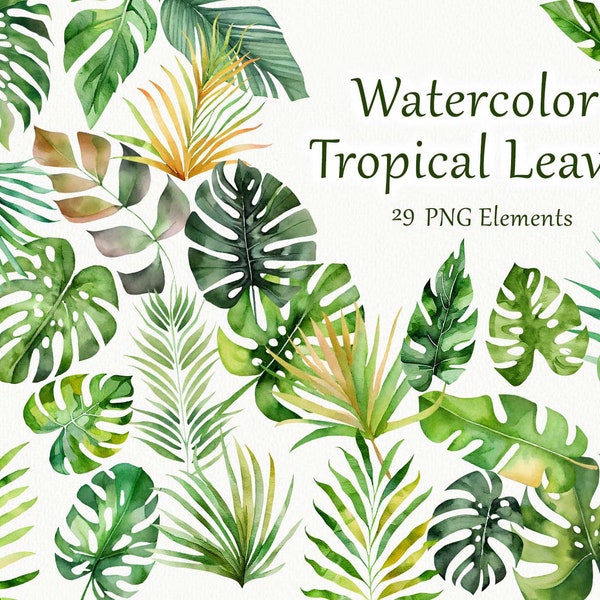 Watercolor Tropical Leaves Clipart. Tropical Clipart. Tropical Beach Clipart. Summer Clipart. Palm Leaf, Banana Leaf. Tropical Leaves PNG