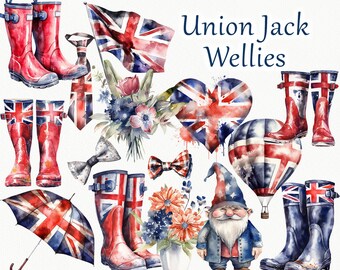 Union Jack Watercolor clipart. Wellington Boot clipart. British Flag. Rain boots clipart. Watercolour Union Jack Wellies Clipart