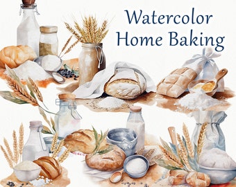 Baking Watercolor Clipart. Bread Clipart. Baking supplies illustration. Watercolor Bakery clipart. Cooking. Kitchen Utensils. PNG