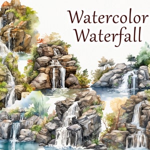 Watercolor waterfall clipart. Waterfall landscape forest clipart bundle. Watercolor clipart. Magic scene. Scrapbooking