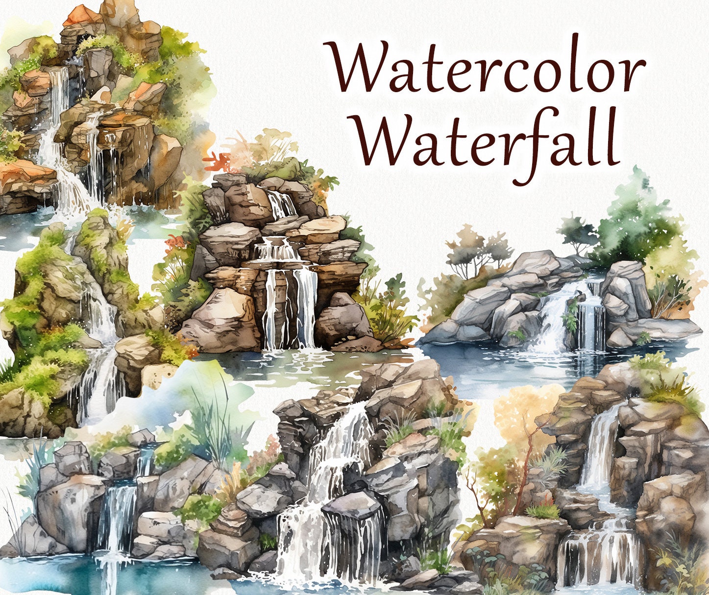 Watercolor Waterfall Clipart. Waterfall Landscape Forest Clipart Bundle ...