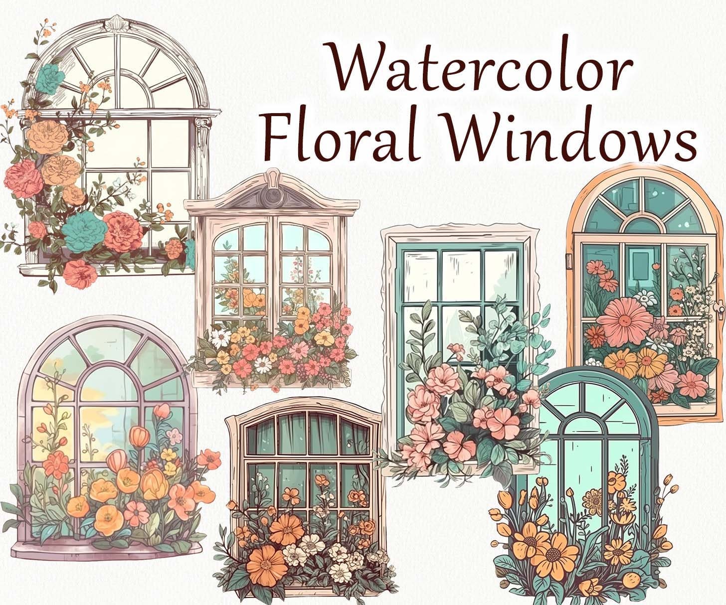Floral Windows Clipart. Watercolor Spring Windows Illustration. Floral ...