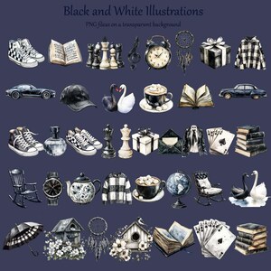 May include: Watercolor illustrations in black and white on a dark blue background. The image features various objects, including shoes, books, chess pieces, an alarm clock, a gift box, a car, a hat, swans, a cup of coffee, and playing cards.