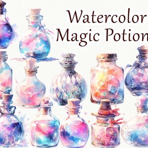 Watercolor Magic Potions clipart. Potions Clipart. Alchemy watercolor fantasy magic potion bottles PNG
