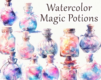 Watercolor Magic Potions clipart. Potions Clipart. Alchemy watercolor fantasy magic potion bottles PNG