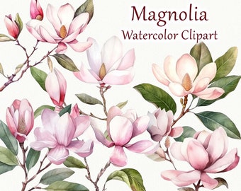 May include: Watercolor clipart featuring pink magnolia flowers with green leaves. The flowers are in various stages of bloom, with some fully open and others still in bud. The leaves are a deep green and have a slightly textured appearance.