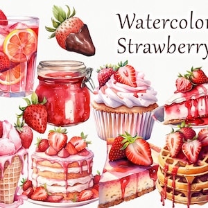 Clipart aquarela de morango. Clipart de waffle de morango. Clipart de planta de morango. Clipart de doces de morango. Bolo De Morango PNG