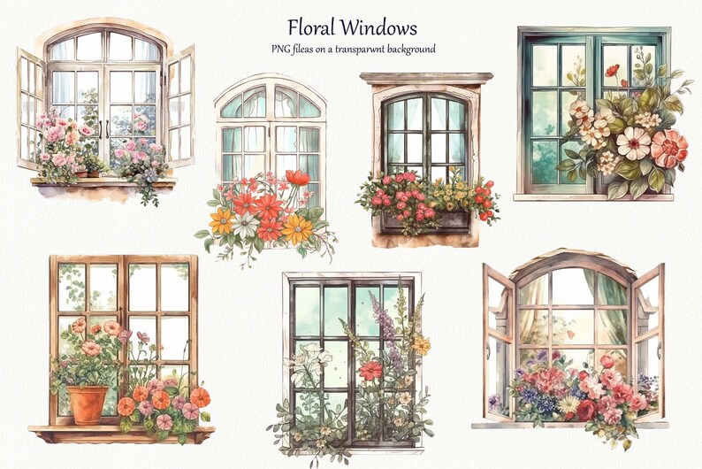 Floral Windows Clipart. Watercolor Spring Windows Illustration. Floral ...