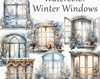Winter Windows Clipart. Watercolor Winter windows Illustration. Winter Decor. Vintage window with snow. Farmhouse Windows PNG