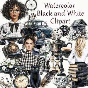 May include: Watercolor black and white clipart featuring a variety of illustrations. Includes a vintage car, dice, chess pieces, a black cat, a dreamcatcher, a vintage telephone, and a stack of books. The text "Watercolor Black and White Clipart" is at the top.