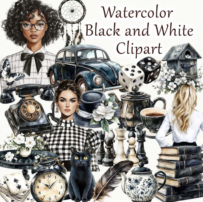 May include: Watercolor black and white clipart featuring a variety of illustrations. Includes a vintage car, dice, chess pieces, a black cat, a dreamcatcher, a vintage telephone, and a stack of books. The text "Watercolor Black and White Clipart" is at the top.