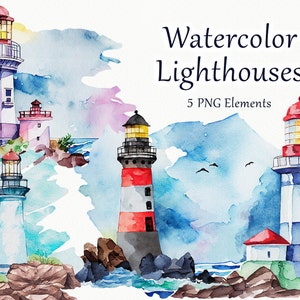 Lighthouses Watercolor clipart. Watercolor Lighthouse illustration. Nautical landscapes. Light House Bundle. Lighthouse Scenes Watercolor