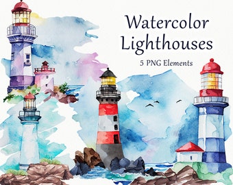 May include: Five watercolor illustrations of lighthouses in various colors and styles. The lighthouses are set against a blue and white watercolor background with seagulls flying overhead. The text "Watercolor Lighthouses" and "5 PNG Elements" is included in the image.