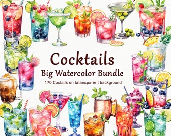 Op de afbeelding: Een aquarel-illustratie van een verscheidenheid aan cocktails in glazen, waaronder margaritas, mojitos en martinis. De afbeelding heeft de titel "Cocktails Big Watercolor Bundle 170 Cocktails on transparent background".