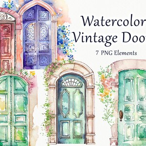 Puede incluir: Pintura de acuarela de siete puertas vintage con acentos florales. Las puertas están pintadas en tonos de azul, verde y rojo. Las puertas están sobre un fondo blanco.