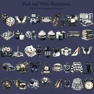 May include: A collection of black and white illustrations on a dark blue background. The images include dice, butterflies, beds, a feather, a violin, an envelope, a chess set, candles, lollipops, cupcakes, a sofa, books, a purse, playing cards, a watch, a cat, a gift box, high heels, a car, a bow, a clock, a teacup, a camera, a sweater, a cat, a phone, a teapot, a hat, a table, high heels, a scarf, a blouse, and an alarm clock.