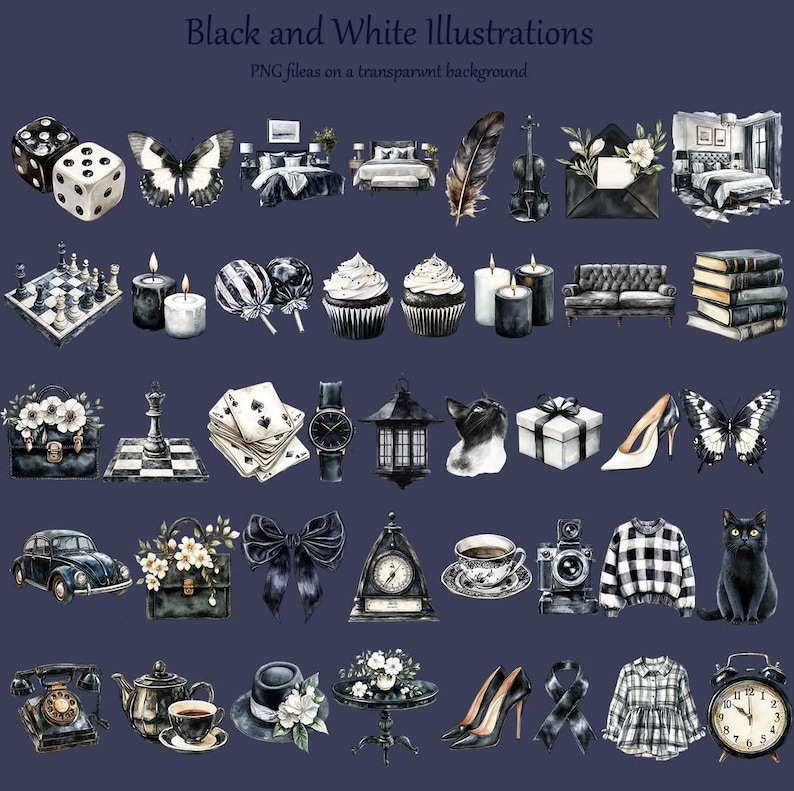 May include: A collection of black and white illustrations on a dark blue background. The images include dice, butterflies, beds, a feather, a violin, an envelope, a chess set, candles, lollipops, cupcakes, a sofa, books, a purse, playing cards, a watch, a cat, a gift box, high heels, a car, a bow, a clock, a teacup, a camera, a sweater, a cat, a phone, a teapot, a hat, a table, high heels, a scarf, a blouse, and an alarm clock.