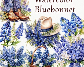 May include: Watercolor illustration of bluebonnets, a Texas state flower, in various arrangements. The illustration includes bluebonnets in a basket, a vase, and a hat. The text "Watercolor Bluebonnet" is written in brown lettering at the top of the image.