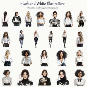 May include: Black and white illustrations of women in various outfits. The illustrations feature women in blouses, jackets, and pants. The text at the top reads "Black and White Illustrations" and "PNG files on a transparent background."