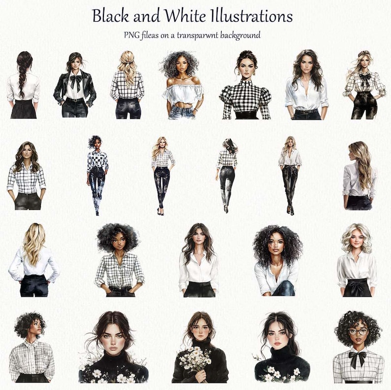 May include: Black and white illustrations of women in various outfits. The illustrations feature women in blouses, jackets, and pants. The text at the top reads "Black and White Illustrations" and "PNG files on a transparent background."